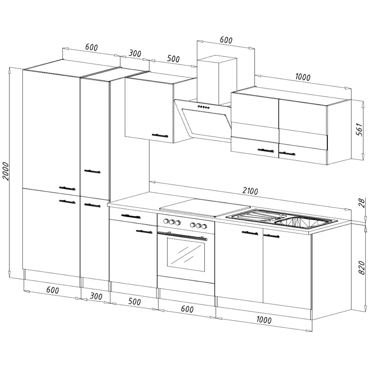 Skizze der Respekta Economy Küchenzeile KB300WWBSCGKE178, 300 cm, Weiß/Beton Optik, mit Elektrogeräten und Spüle.