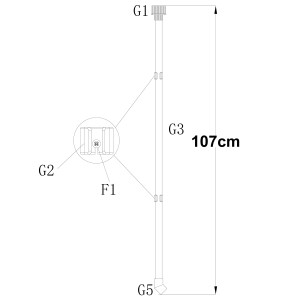 Technische Zeichnung eines 107 cm langen Fallrohr-Nachrüstsatzes für Gewächshäuser zur Regenwassersammlung.