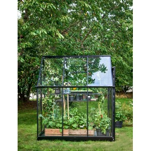 Schwarzes Halls Gewächshaus Qube 66 mit Pflanzen im Garten.