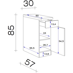 Technische Zeichnung: Flex-Well Classic Unterschrank Florida, 30 cm, Weiß/Sonoma Eiche, mit Maßen.