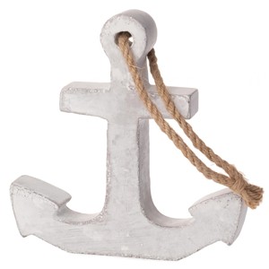 Grau-weiße Deko-Figur Anker aus Beton mit Kordel für maritime Gartendeko.