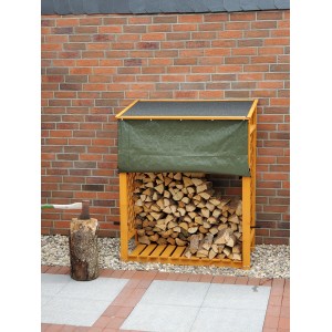 Honigbraunes Kaminholzregal Speyer mit Wetterschutz und Holzfüllung vor einer Ziegelwand.