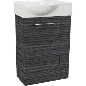 Fackelmann Waschbeckenunterschrank SBC Dark Oak, 44 cm breit, mit weißem Waschbecken.