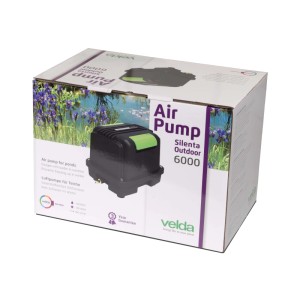 Velda Silenta Outdoor 6000 Teichbelüftungset auf Produktverpackung. Schwarze Luftpumpe mit grünem Akzent für Teiche bis 50000 Liter.