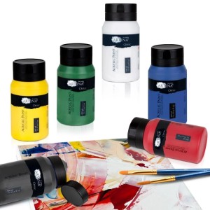 Artina Crylic Acrylfarben Set, 6 Farben (weiß, gelb, grün, rot, blau, schwarz) mit Pinseln auf Leinwand.