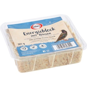 Elles Wildvogelfutter Energieblock mit Nüssen, 300g, im transparenten Behälter.