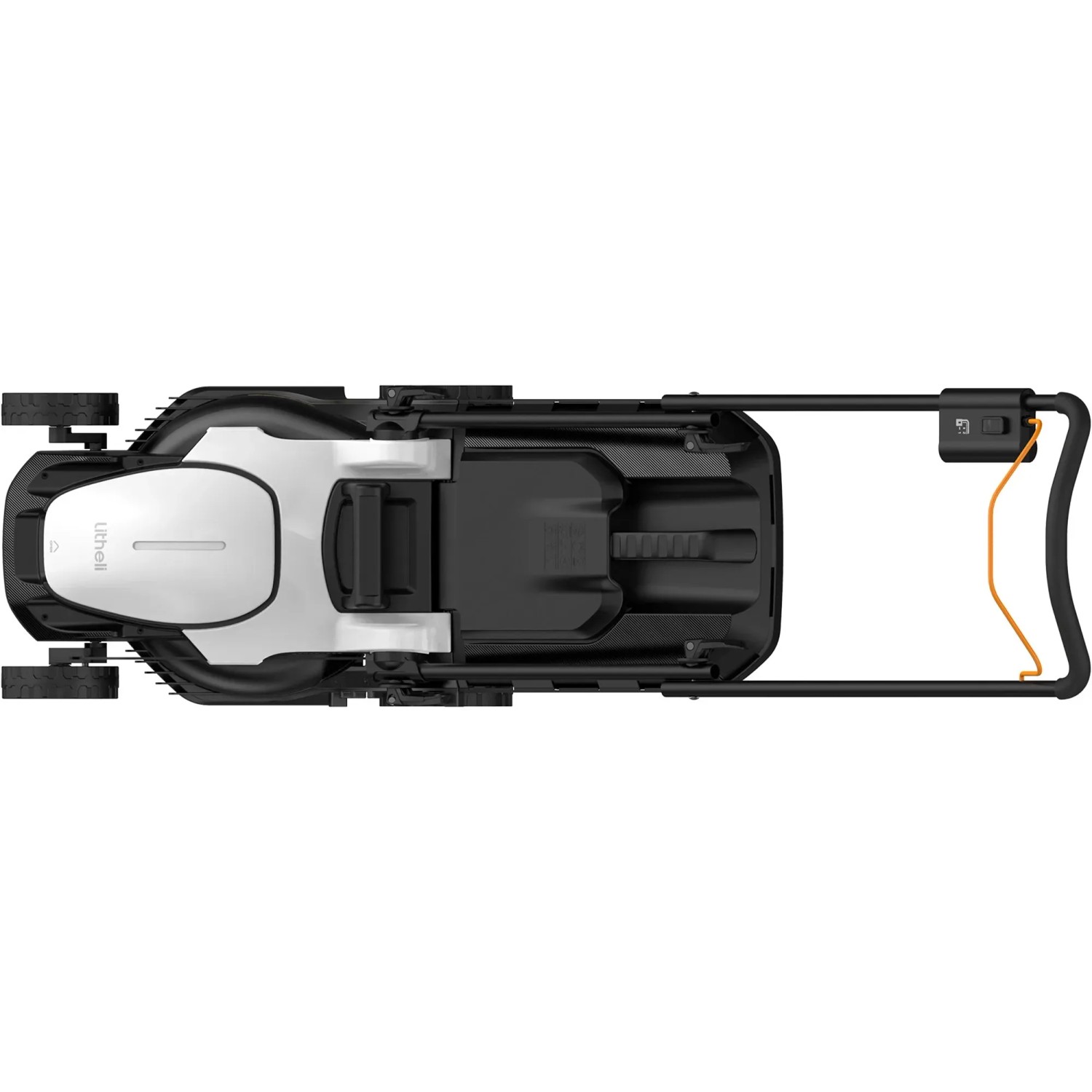 Litheli U20 Akku-Rasenmäher, Ansicht von oben. Kompakter Rasenmäher mit Akku und klappbarem Griff.