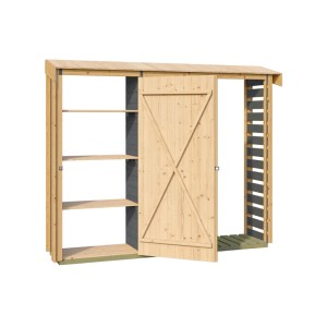 Weka Brennholzregal Killarney, 250 cm, Anthrazit-Eiche, mit Tür und Regalfächern.