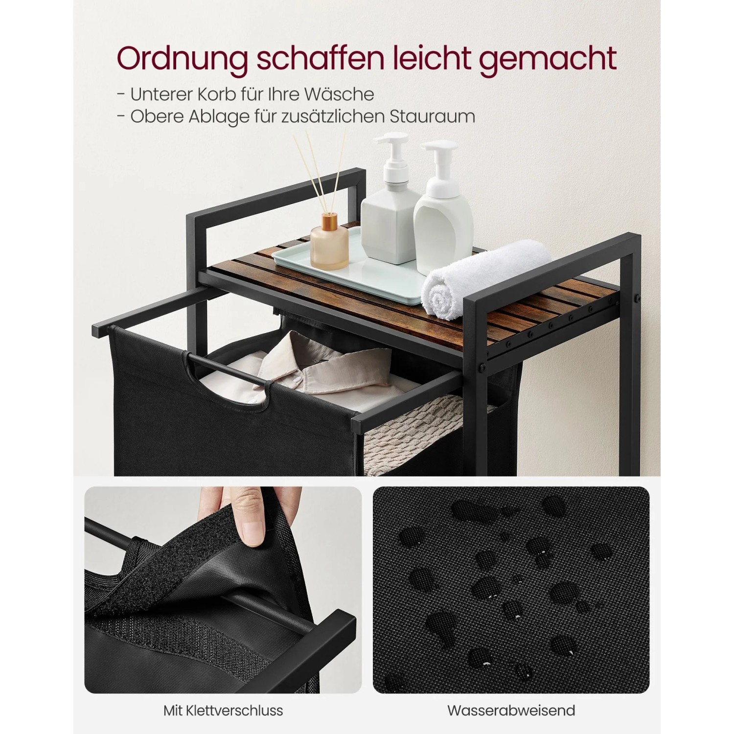 Vasagle Wäschesammler mit Ablage in Braun-Schwarz. Wäschekorb mit wasserabweisendem Sack und Ablage.