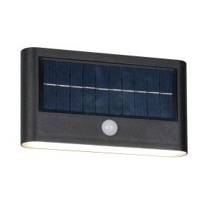 Schwarze, matte Reality LED Solar-Wandleuchte Ramos mit Bewegungsmelder für den Außenbereich.