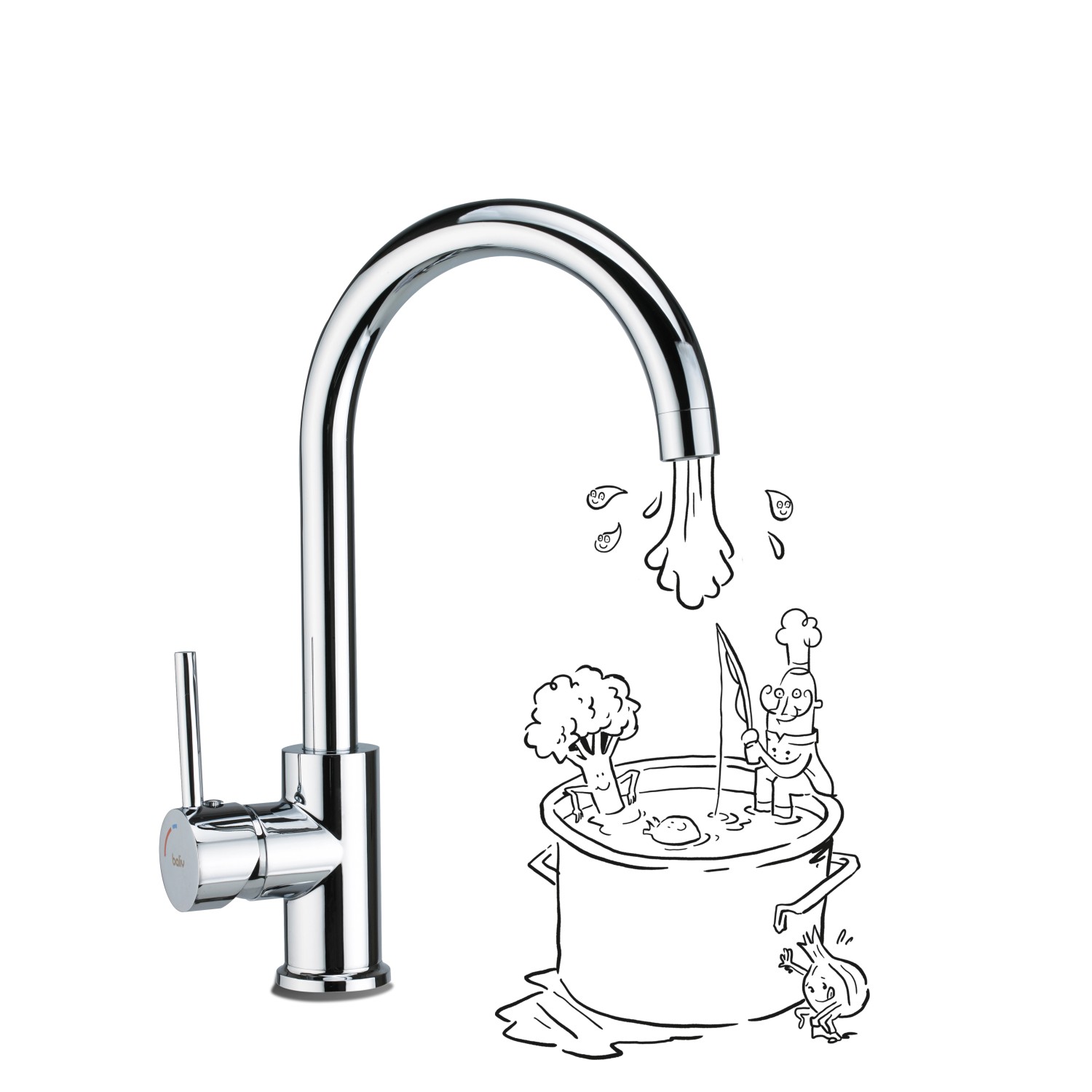 Chrom Küchenarmatur KI-1830 von baliv mit hohem, gebogenem Auslauf und Kaltstart-Funktion.