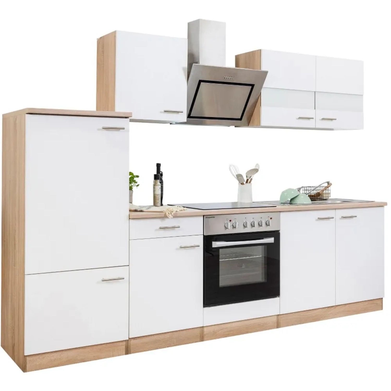 Respekta Küchenzeile 270 cm, Weiß/Eiche Sägerau, mit Glaskeramikkochfeld und Elektrogeräten.