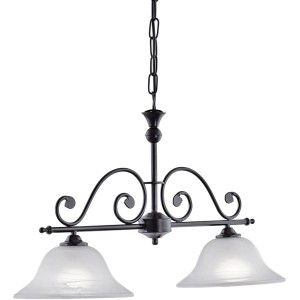 Eglo Pendelleuchte Murcia, schwarz, mit 2 alabasterfarbenen Glasschirmen. Landhausstil.