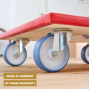 Wagner Transporthilfe mit roter Anti-Rutsch-Fläche und blauen Rollen, Tragkraft 400 kg.