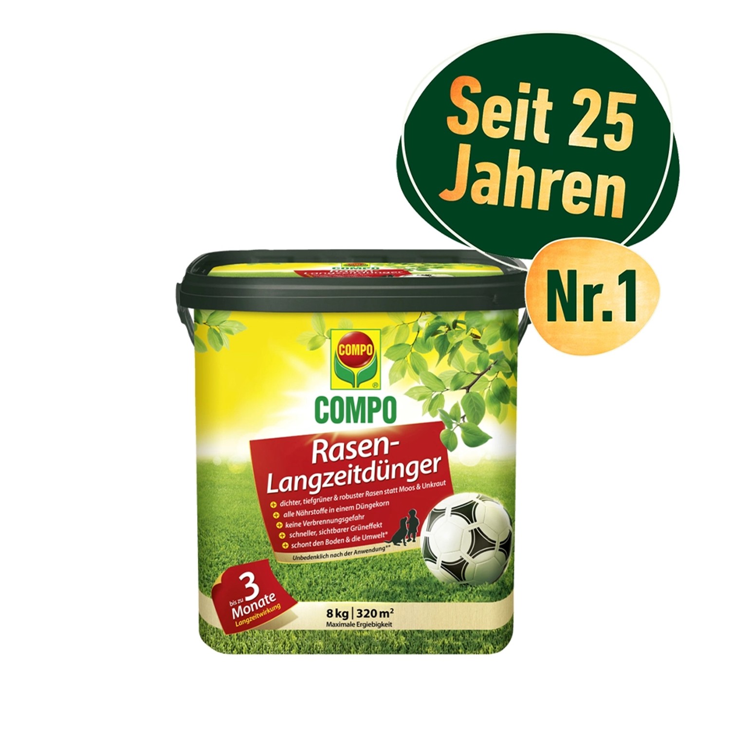 Compo Rasen-Langzeitdünger 8kg im Eimer. Rasendünger für dichten, grünen Rasen.