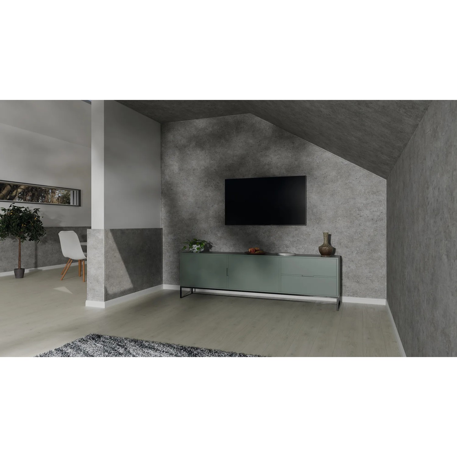 Wohnraum mit Egger Faltleiste Decowall FL003 Rovigo Beton als Wandverkleidung.