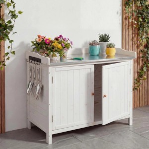 Weißer MCW Gartenschrank mit Arbeitsplatte und Pflanztisch aus Holz, 86x104x52 cm.