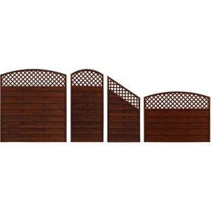 Verschiedene Sichtschutzzaun Elemente Bordeaux Braun mit Kreuzgitter.