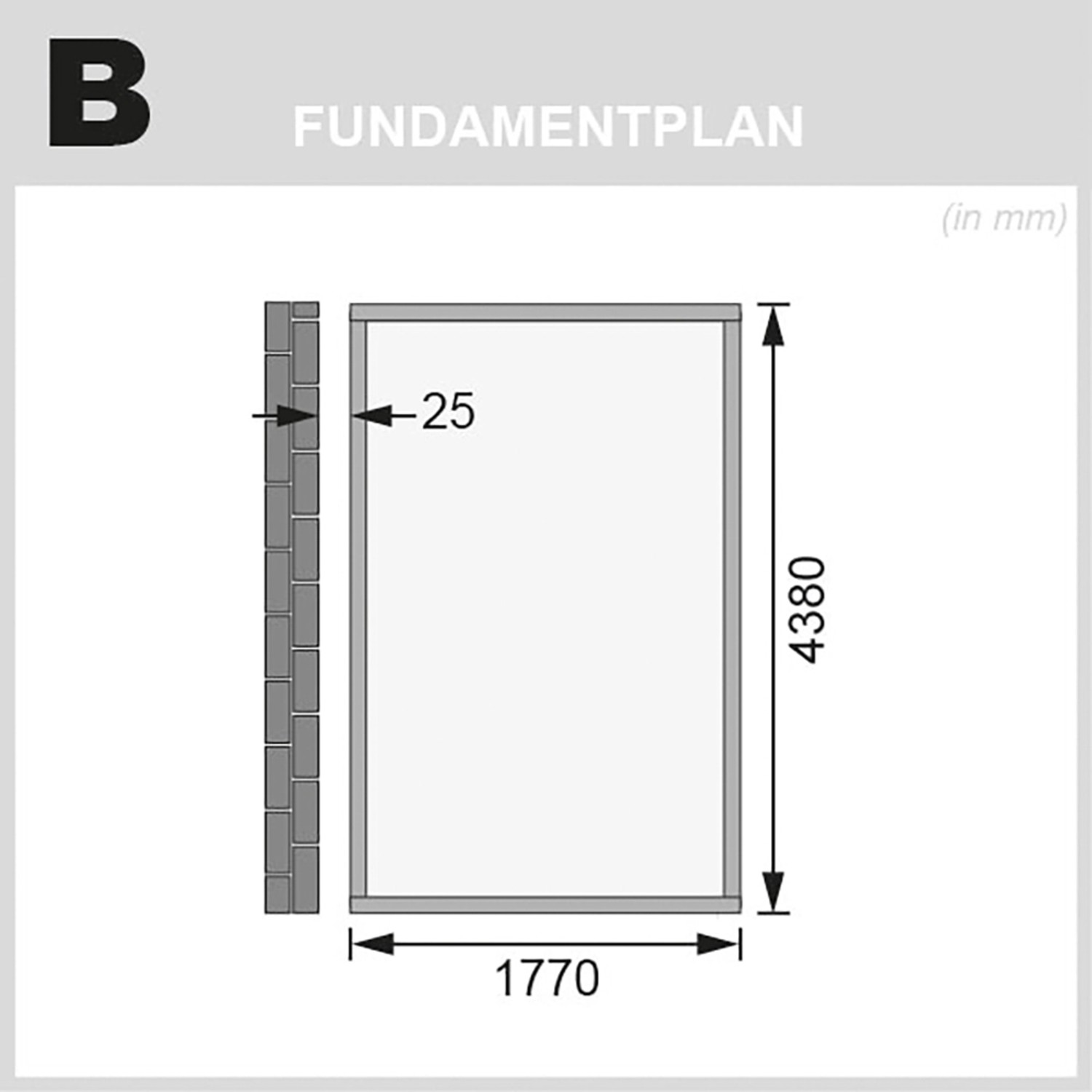 Fundamentplan für Karibu Gartenhaus Kristiansund, Maße: 181x442 cm.