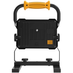 LED-Baustrahler, 20W, 2000lm, schwarz, mit gelbem Griff, geeignet für Elektrowerkzeugakkus.