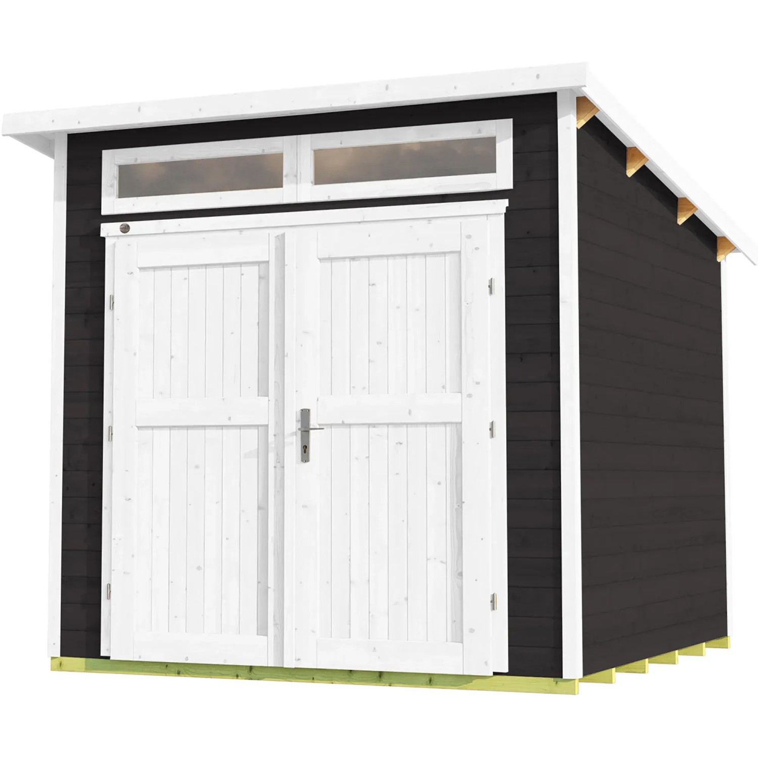 Modernes, lasiertes Weka Gartenhaus 264 mit Pultdach und Doppeltür. Ideal zur Aufbewahrung im Garten.