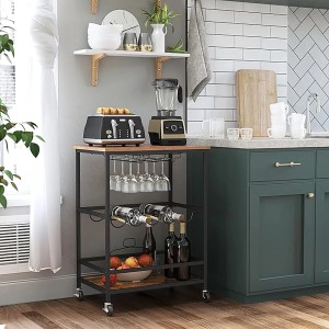Songmics Servierwagen Brewer, braun-schwarz, mit Gläsern, Flaschen und Obst. Praktischer Küchenwagen mit Rollen.