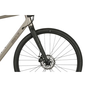 Detailaufnahme: Silbernes Prophete Trekkingrad Graveler mit Scheibenbremse.