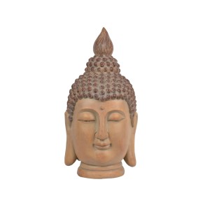 Sandfarbene Buddha-Kopf-Statue für Gartendekoration. Große Skulptur mit ruhigem Gesicht und detailreichem Haar.