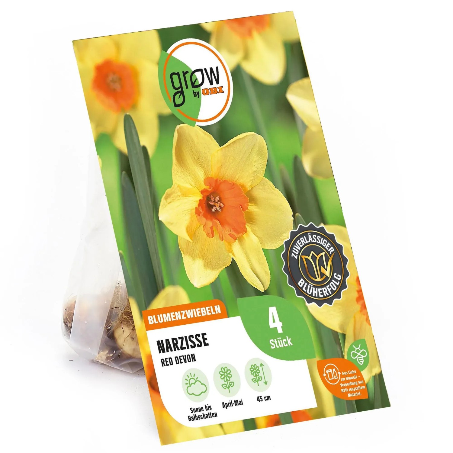 Verpackung GROW by OBI Narzisse Red Devon, 4 Stück, gelbe Blüte mit oranger Mitte.