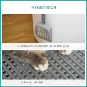 PawHut Katzentoilette: integrierte Streuschaufel und Siebdeckel für saubere Katzenpfoten und einfache Reinigung.