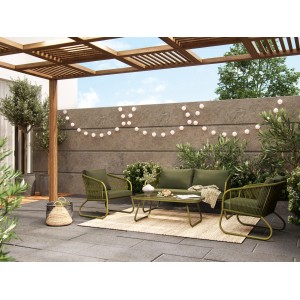 4-teiliges Lounge-Set Scafford mit Esstisch und Seilbespannung in Oliv für Garten und Terrasse.