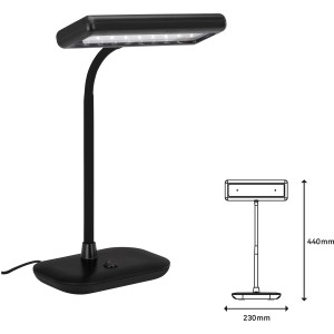 Schwarze Brilo LED-Tischleuchte Daylight für Schreibtisch, 7,5W, mit Maßen.