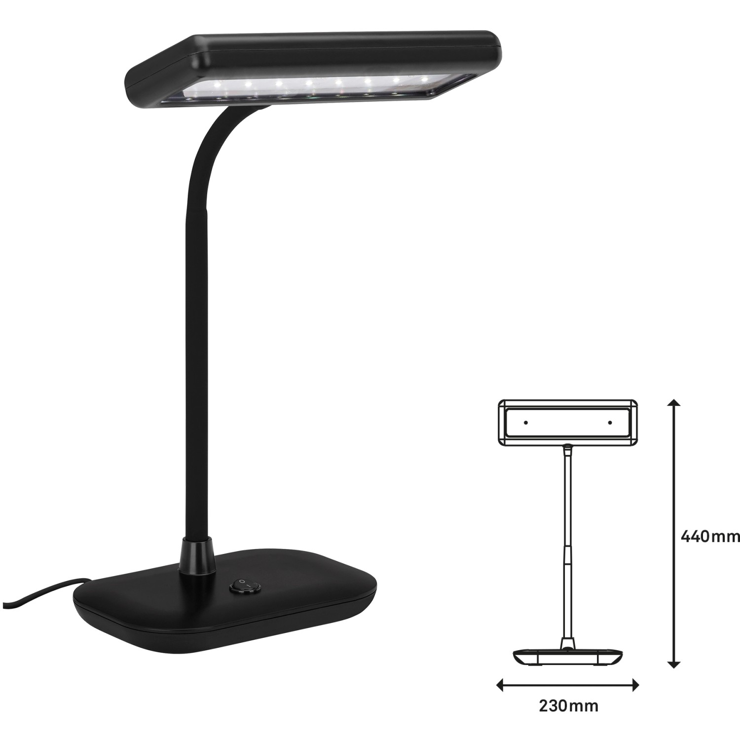 Schwarze Brilo LED-Tischleuchte Daylight für Schreibtisch, 7,5W, mit Maßen.