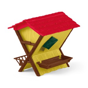 Schleich Futterkrippe aus dem Waldtiere Set, gelb mit rotem Dach und Futterstelle.