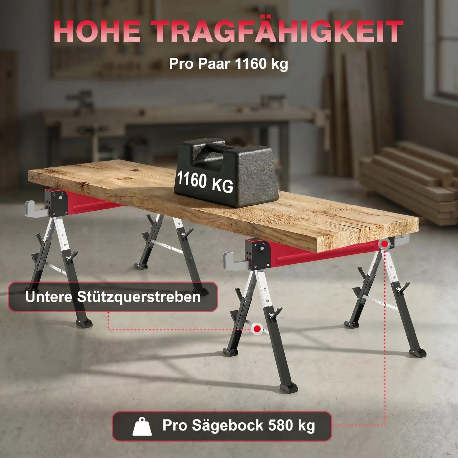 Zwei rote, höhenverstellbare HOMCOM Metall-Arbeitsböcke mit Holzauflage, belastbar bis 1160 kg, ideal für Werkstatt.