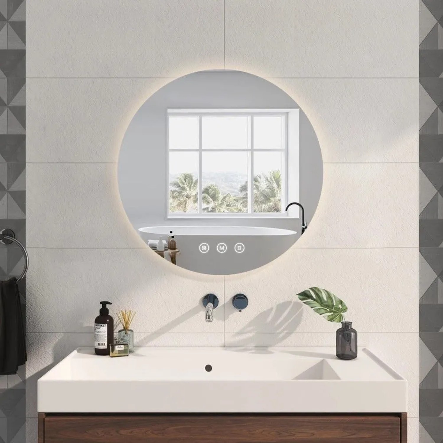 Emke runder Badspiegel 60cm mit dimmbarer Beleuchtung und Antibeschlag-Funktion für Ihr Badezimmer.