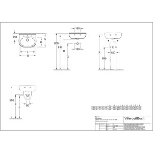 Technische Zeichnung: Villeroy & Boch O.Novo Gäste-Waschbecken, 45 cm, Weiß mit Hahnloch und Überlauf.
