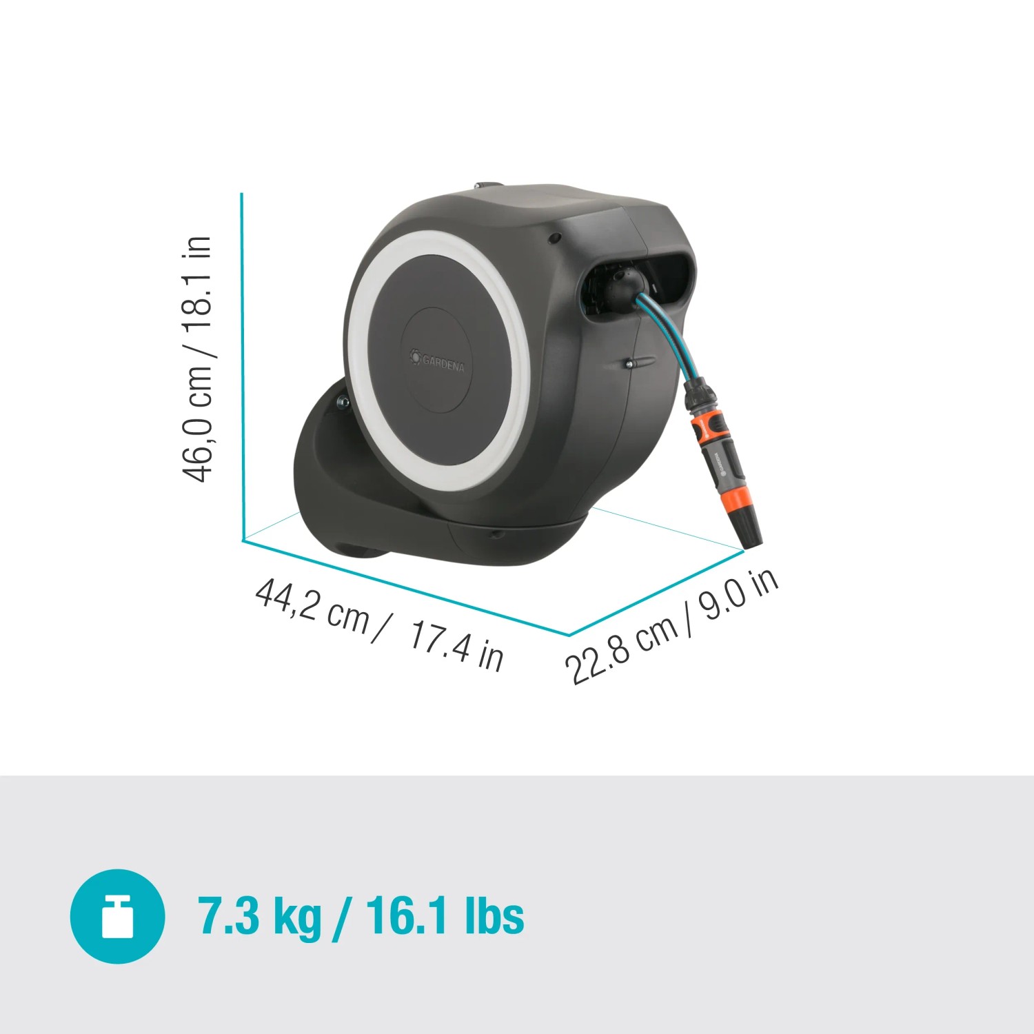 Gardena Wand-Schlauchbox RollUp S mit 15m Schlauch, Abmessungen