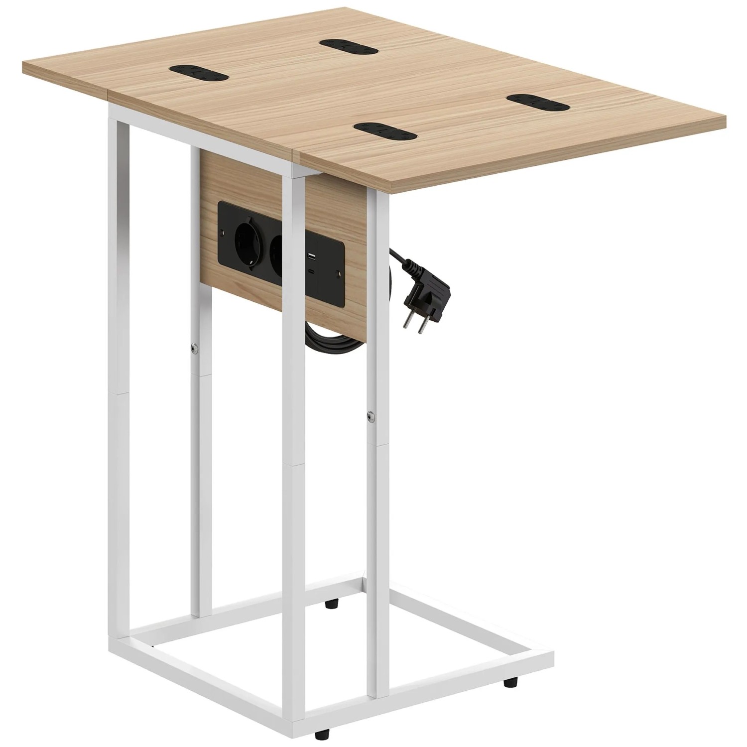 HOMCOM C-förmiger Beistelltisch, Holzoptik, weißes Metallgestell, ausklappbare Platte, integrierte Ladestation mit USB.