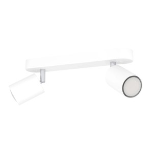 Weißer Eglo Reciso-E Lichtbalken mit zwei schwenkbaren, zylindrischen Spots in Weiß-Chrom für Deckenbeleuchtung.