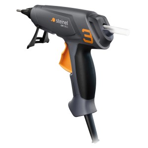 Steinel Heißklebepistole Gluematic 3011 KF, graue Klebepistole mit gelbem Griff und Klebestift.
