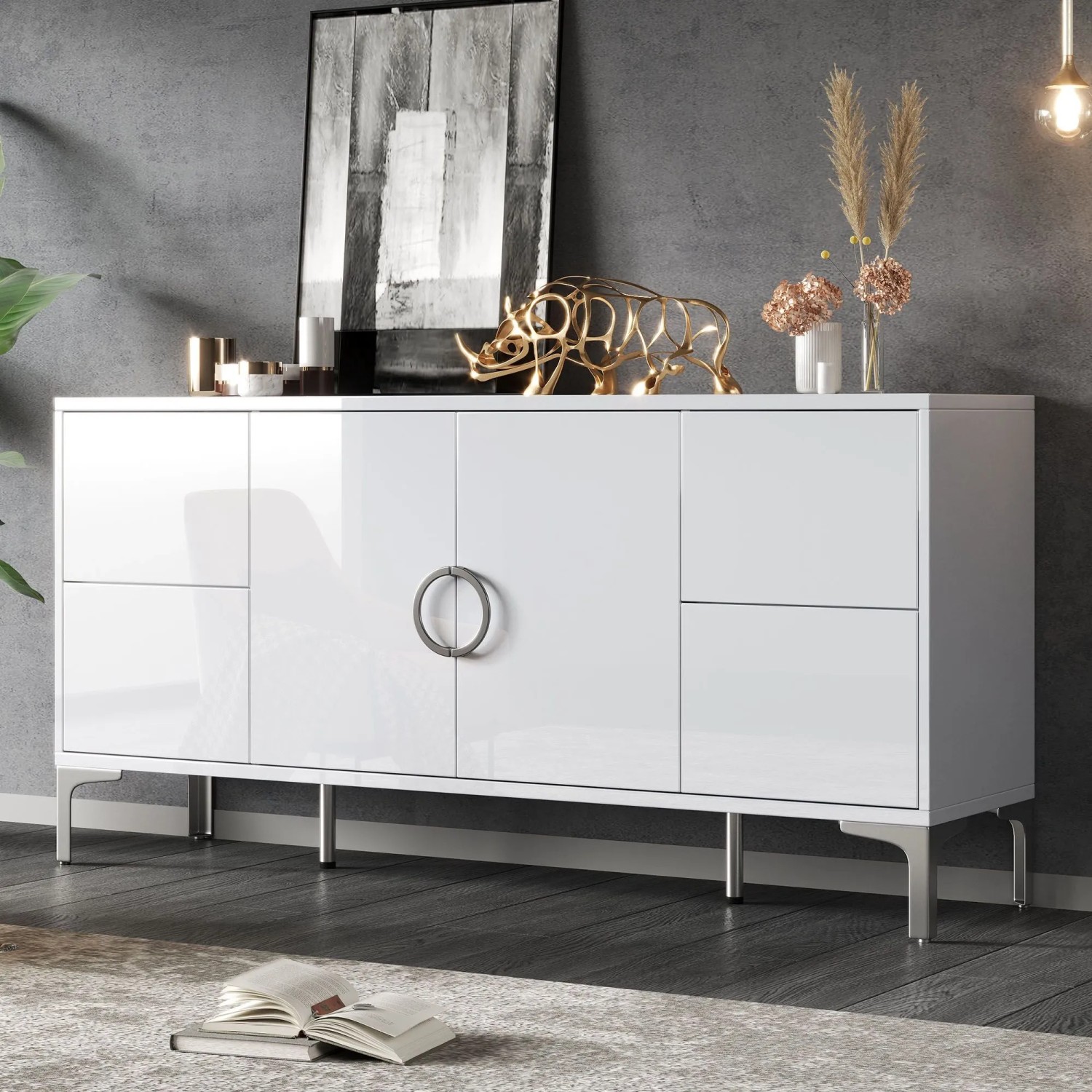 okwish Beistellschrank mit Schubladen Türen Wohnzimmer 150x38x59cm Weiß kaufen bei OBI