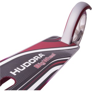 Detailaufnahme: HUDORA BigWheel 205 Tretroller in Magenta-Silber, Trittfläche mit Logo und Hinterrad.