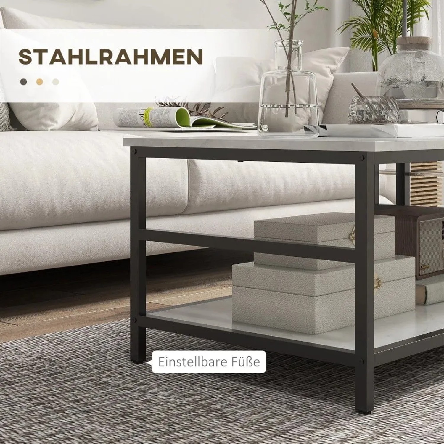Rechteckiger HOMCOM Couchtisch mit schwarzem Stahlrahmen, weißer Marmoroptik-Platte, Ablage und verstellbaren Füßen.