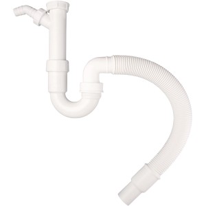 Weißer Viega Küchen-Siphon aus Kunststoff, 38 mm, mit flexiblem Abgangsrohr.