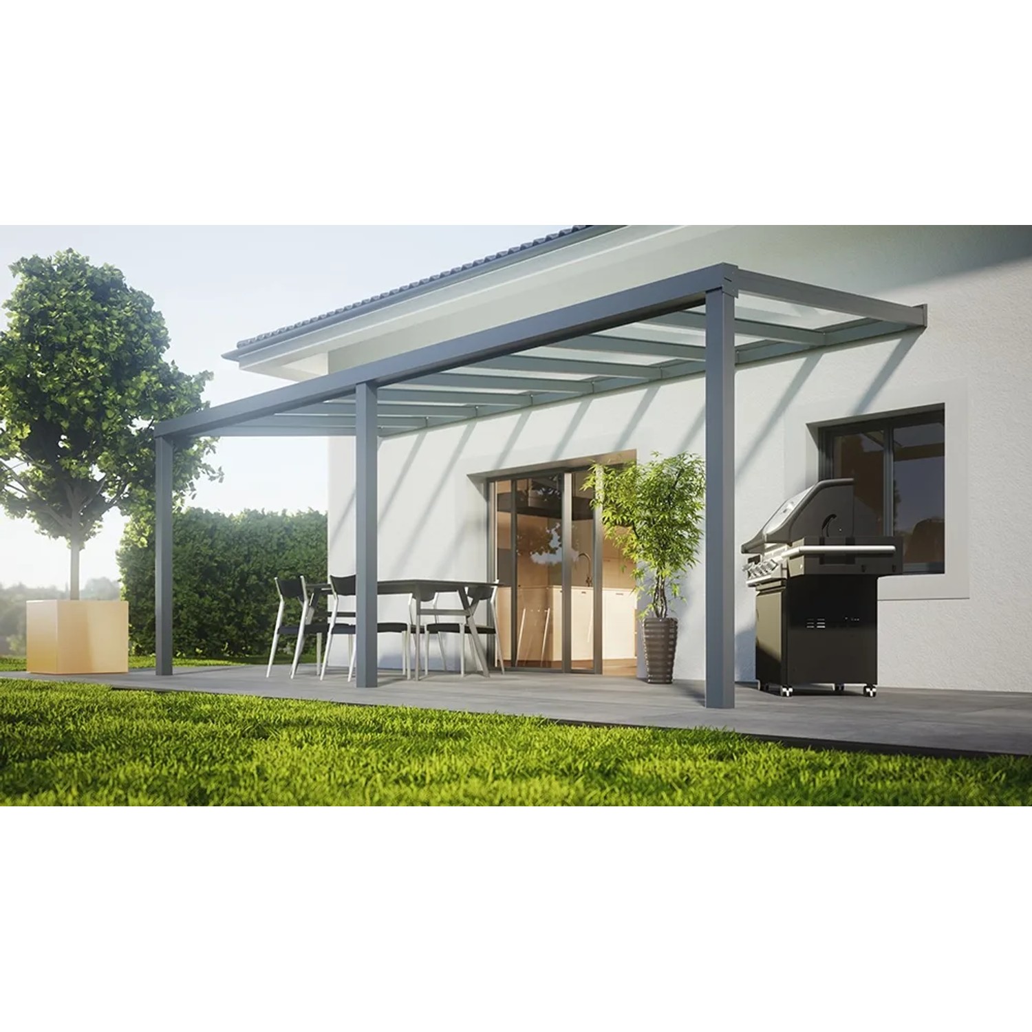 Anthrazit Terrassenüberdachung Terracon Smartline (3060x2500mm) auf Terrasse mit Möbeln und Grill.