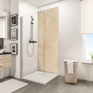 Schulte Duschrückwand DecoDesign Kalkstein-Hell, 255x100 cm, im Badezimmer.