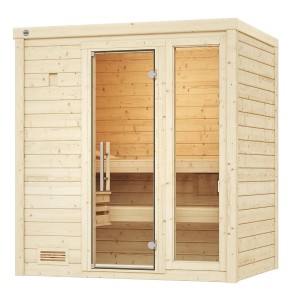 Weka Massivholzsauna Bergen mit Glastür und Fenster, Fichtenholz natur, zwei Liegen. Ideal für Entspannung.