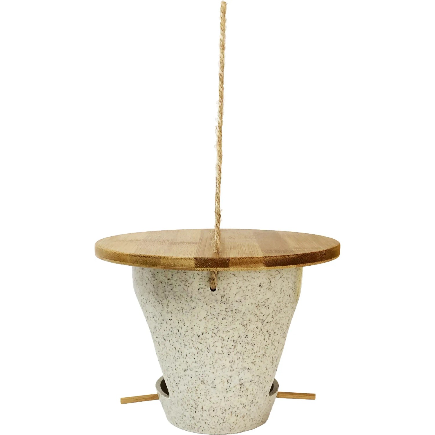 Dobar Vogelfutterspender Eco aus Pflanzenfasern mit Bambusdeckel und Hanfseil zum Aufhängen.