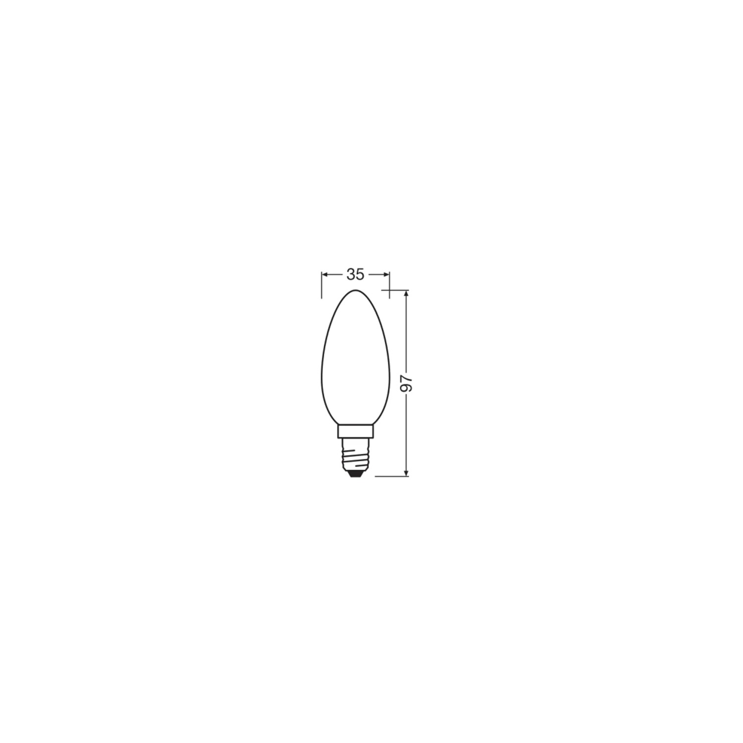 Skizze eines Osram LED-Leuchtmittels E14 in Kerzenform mit Maßangaben.